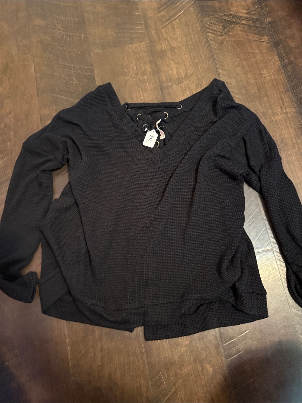 MARINA Black Lace-Up V-Neck Knit Pullover